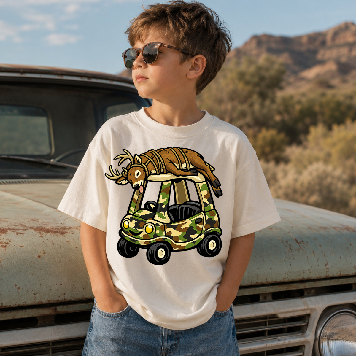 Deer On Top Off Little Car DTF Print