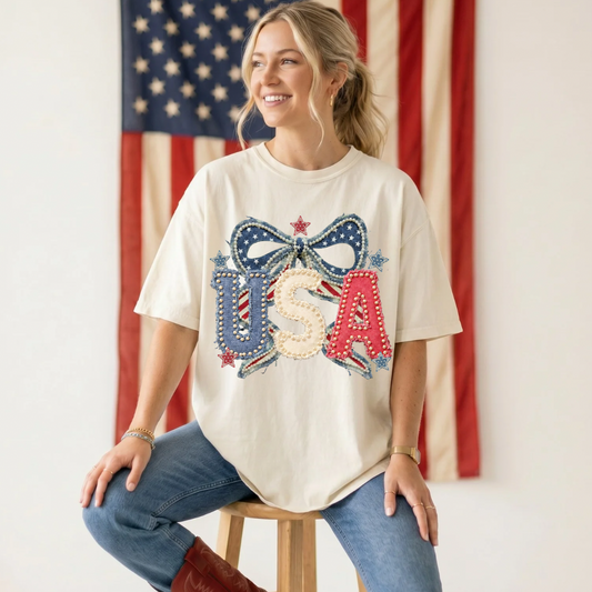 USA Patch Work With Bow DTF Print
