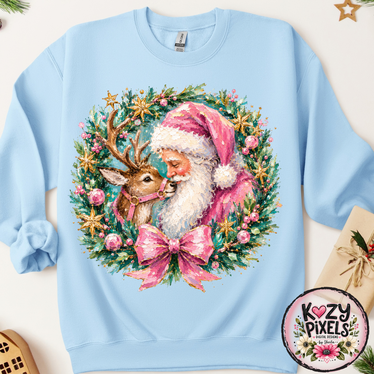 Santa And Reindeer Wreath DTF Print