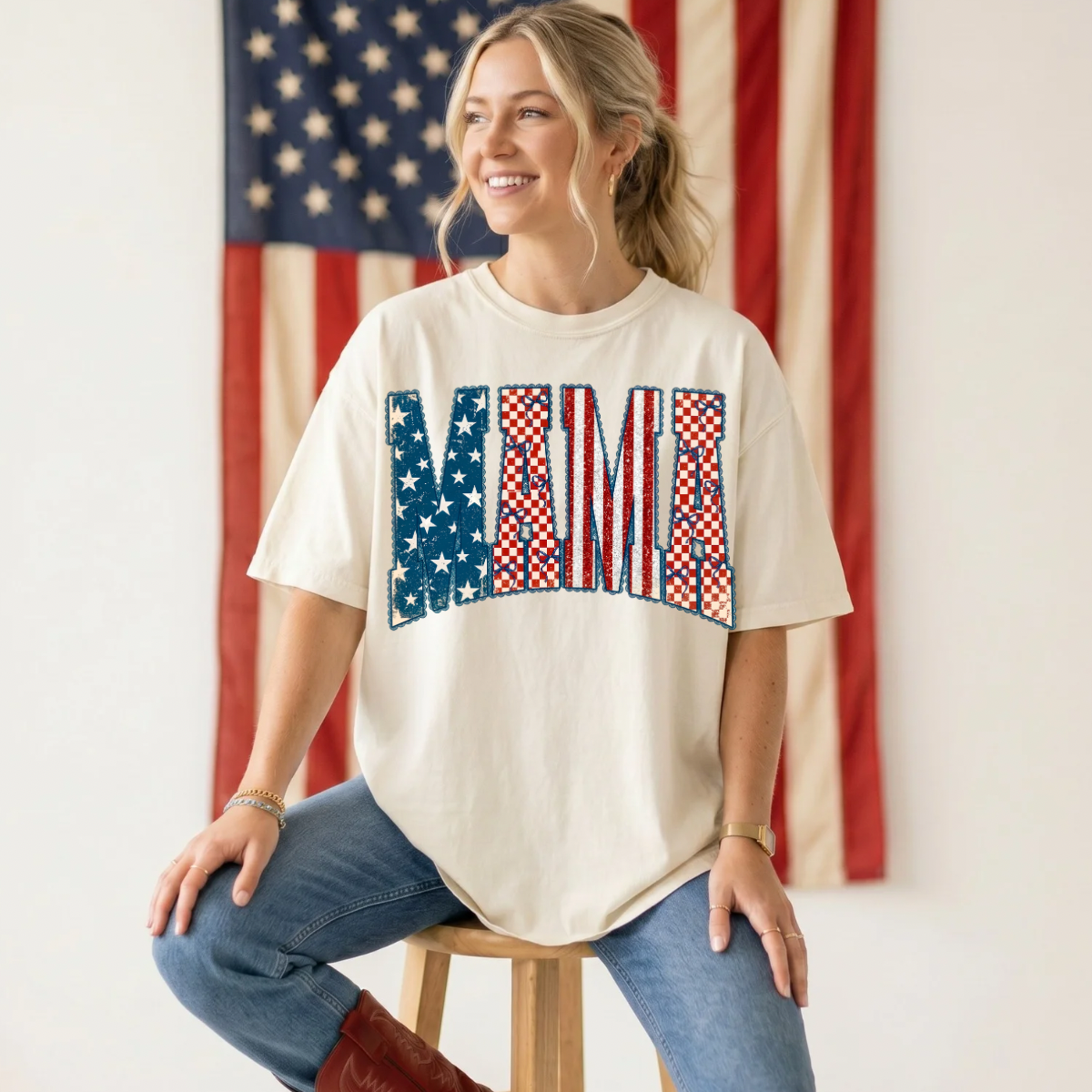 4th Of July Patchwork Mama DTF Print
