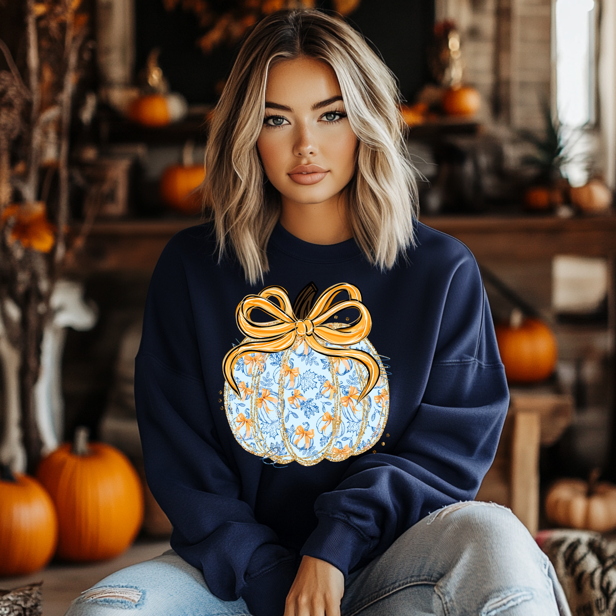 Orange And Blue Pumpkin With Orange Bow DTF Print