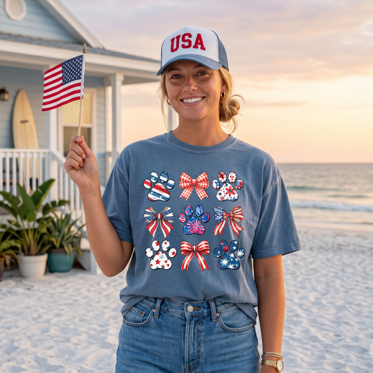 4th of July Paw Print and Bows  DTF Print