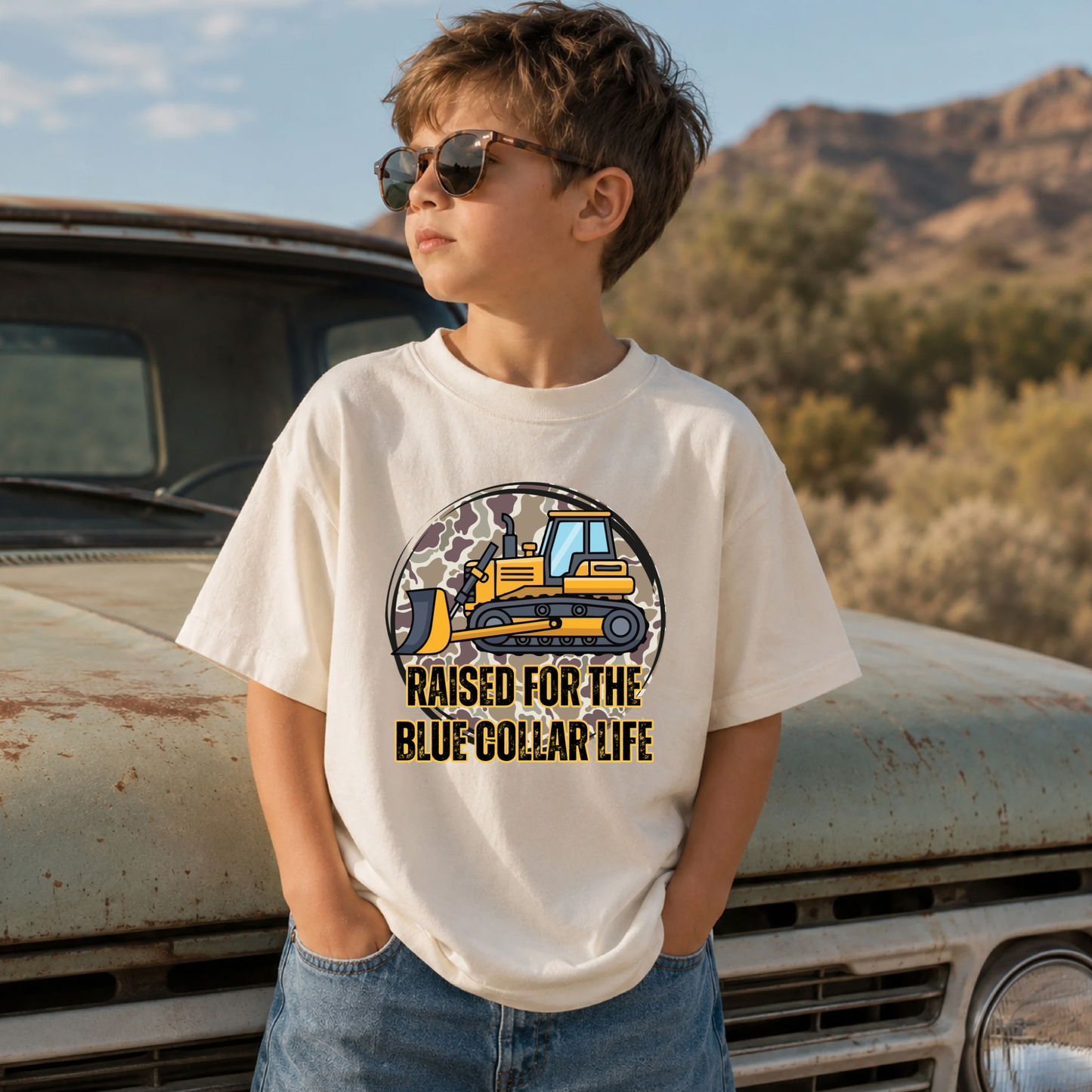 Raised For The Blue Collar Life Bulldozer DTF Print