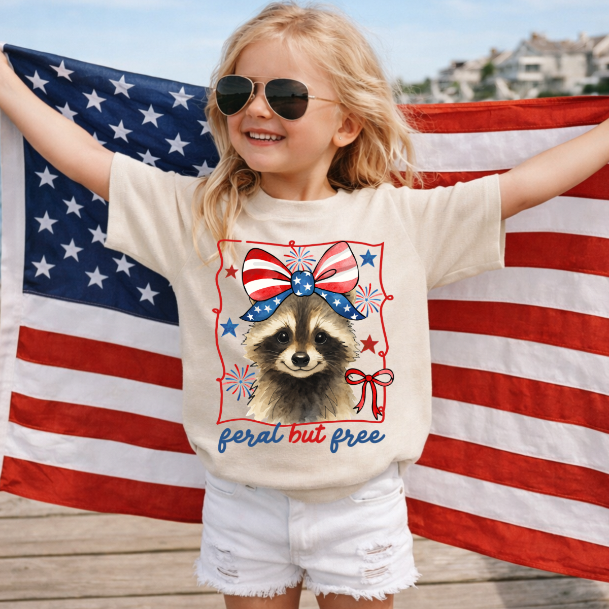 4th Of July Feral But Free Racoon With Bow DTF Print