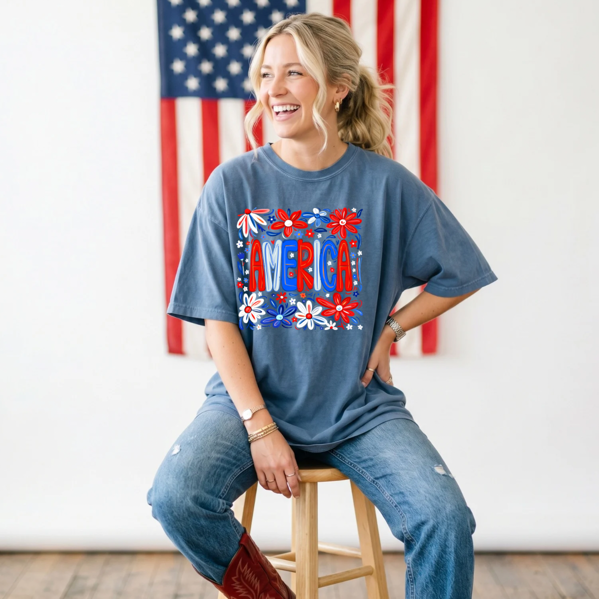4th Of July America Flower DTF Print