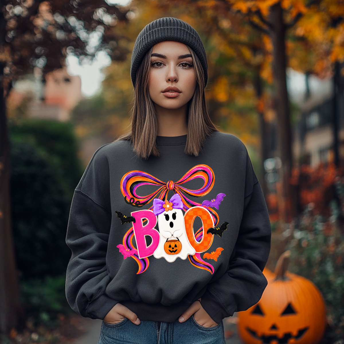 Preppy Boo With Orange And Purple Bow DTF Print