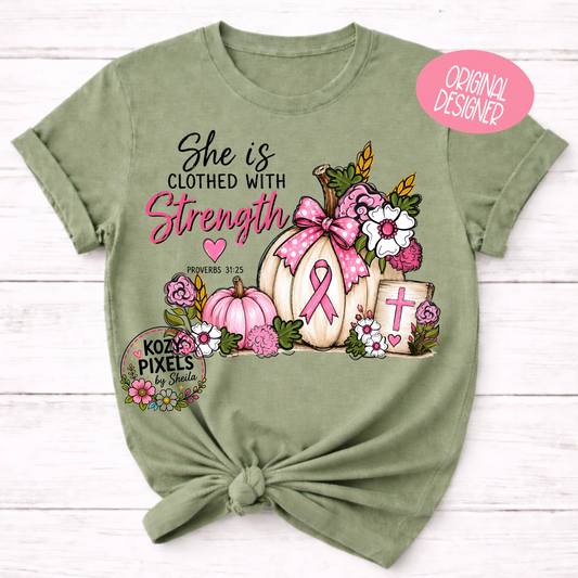 She Is Clothed With Strength Breast Cancer Pumpkin DTF Print