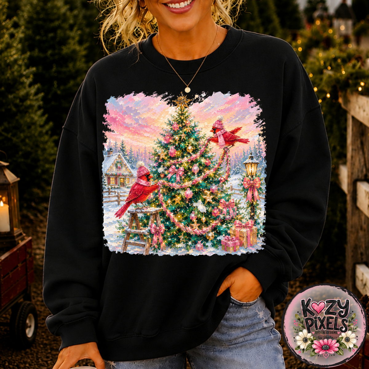Colorful Christmas Tree Red Cardinals DTF Print